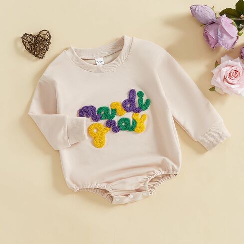Infant Baby Girl Boy Mardi Gras Outfit Letter Embroidered Long Sleeve Bubble Romper Sweatshirt Fall Clothes in Kuwait
