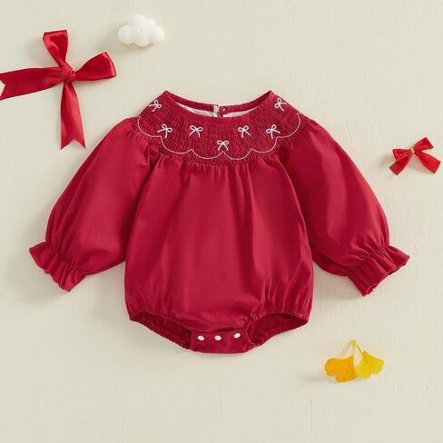 Chloefairy Baby Girl Bow Embroidery Smocked Bubble Romper Puff Short Sleeve Bodysuit Cute Valentines Day Summer Outfit in Saudi Arabia