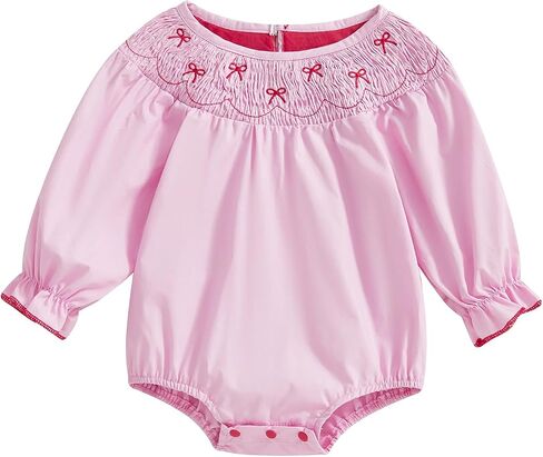 Chloefairy Baby Girl Bow Embroidery Smocked Bubble Romper Puff Short Sleeve Bodysuit Cute Valentines Day Summer Outfit in Saudi Arabia