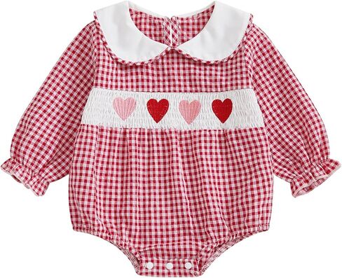 Newborn Baby Girl Plaid Bubble Romper Heart Embroidery Doll Collar Long Sleeve Smock Bodysuit Spring Fall Clothes in Kuwait