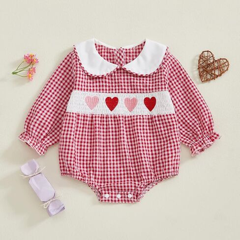 Newborn Baby Girl Plaid Bubble Romper Heart Embroidery Doll Collar Long Sleeve Smock Bodysuit Spring Fall Clothes in Kuwait