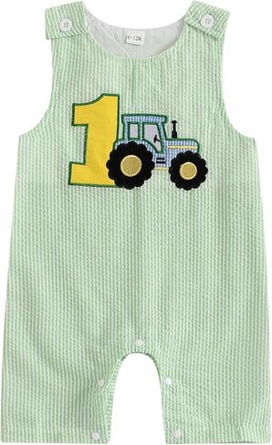 Lamuusaa Toddler Baby Girl Boy Birthday Outfit 1st Embroidery Romper Sleeveless Plaid/Stripe Jumpsuit Summer Clothes in Kuwait