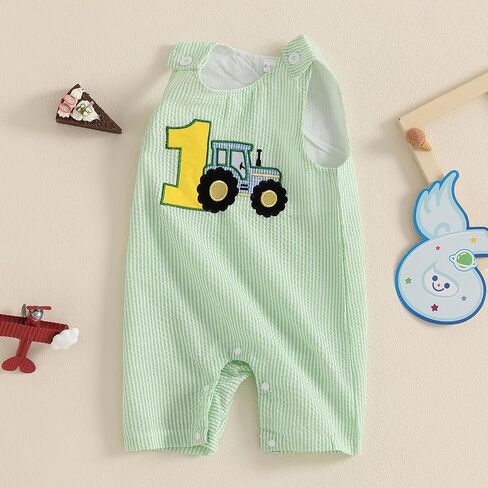 Lamuusaa Toddler Baby Girl Boy Birthday Outfit 1st Embroidery Romper Sleeveless Plaid/Stripe Jumpsuit Summer Clothes in Kuwait