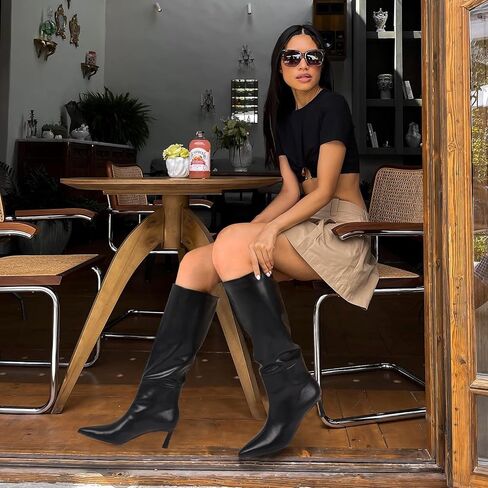 Uacllcau Knee High Boots for Women Pointed Toe Kitten Heel Tall Boots Womens Fashion Slip On Wide Calf Boots Heel Dress Stiletto Long Boots in Kuwait