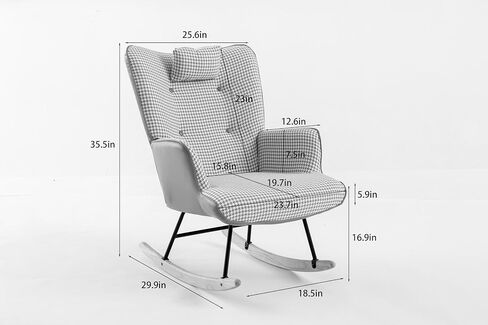حضانة كرسي هزاز ، Houndstooth Fabric Leather Fabric Rocker Rocker مع كرسي عالي الجيب مع كرسي خشبي الصلبة القراءة لمكاتب غرفة نوم غرفة المعيشة شرفة ، وردي in Saudi Arabia