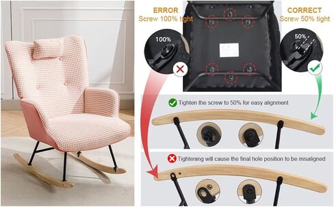 حضانة كرسي هزاز ، Houndstooth Fabric Leather Fabric Rocker Rocker مع كرسي عالي الجيب مع كرسي خشبي الصلبة القراءة لمكاتب غرفة نوم غرفة المعيشة شرفة ، وردي in Saudi Arabia
