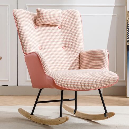 حضانة كرسي هزاز ، Houndstooth Fabric Leather Fabric Rocker Rocker مع كرسي عالي الجيب مع كرسي خشبي الصلبة القراءة لمكاتب غرفة نوم غرفة المعيشة شرفة ، وردي in Saudi Arabia