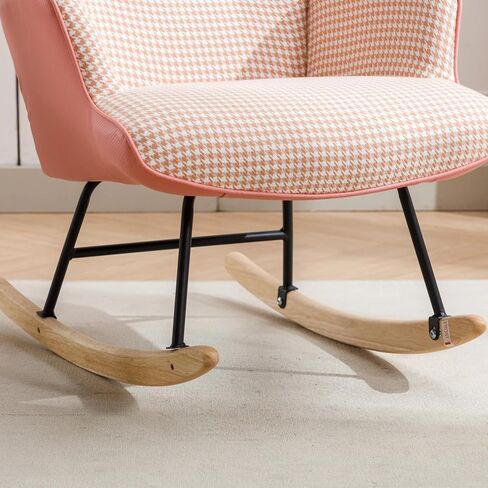 حضانة كرسي هزاز ، Houndstooth Fabric Leather Fabric Rocker Rocker مع كرسي عالي الجيب مع كرسي خشبي الصلبة القراءة لمكاتب غرفة نوم غرفة المعيشة شرفة ، وردي in Saudi Arabia