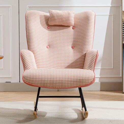 حضانة كرسي هزاز ، Houndstooth Fabric Leather Fabric Rocker Rocker مع كرسي عالي الجيب مع كرسي خشبي الصلبة القراءة لمكاتب غرفة نوم غرفة المعيشة شرفة ، وردي in Saudi Arabia