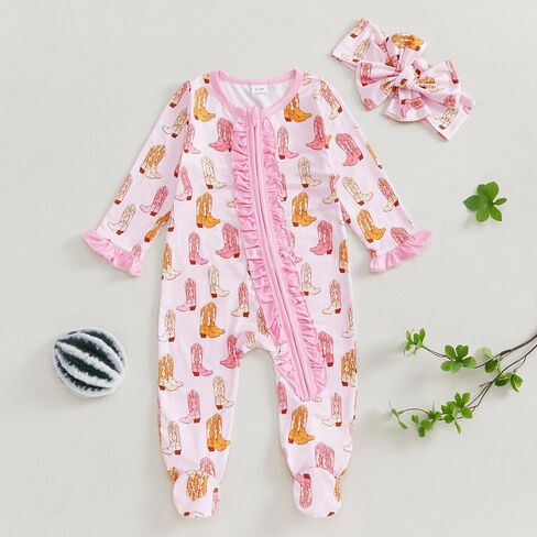 Newborn Baby Girl Western Clothes Cowgirl Boots Footie Romper Ruffle Long Sleeve Zipper Jumpsuit Coming Home Outfit in Saudi Arabia