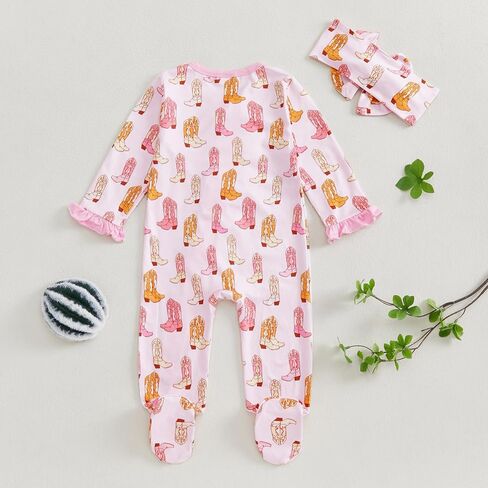 Newborn Baby Girl Western Clothes Cowgirl Boots Footie Romper Ruffle Long Sleeve Zipper Jumpsuit Coming Home Outfit in Saudi Arabia