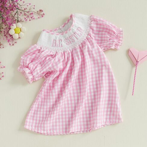 GOOCHEER Big Sister Baby Sister Matching Outfits Summer Short Sleeve Smocked Bubble Romper Plaid Smocked Dress Spring Clothes in Kuwait