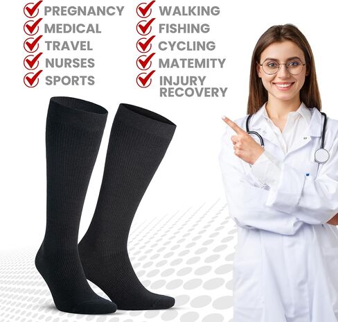 GoWith 1 Pair Unisex Merino Wool Graduated Compression Socks, 15-20 mmHg Thermal Travel Knee High Socks for Men & Women in Kuwait