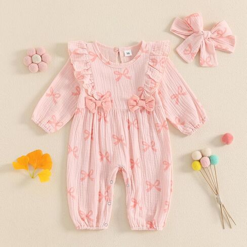 Baby Girls Cotton Linen Rompers Bowknot Ruffles Long Sleeve Bodysuits Jumpsuit with Headband in Saudi Arabia