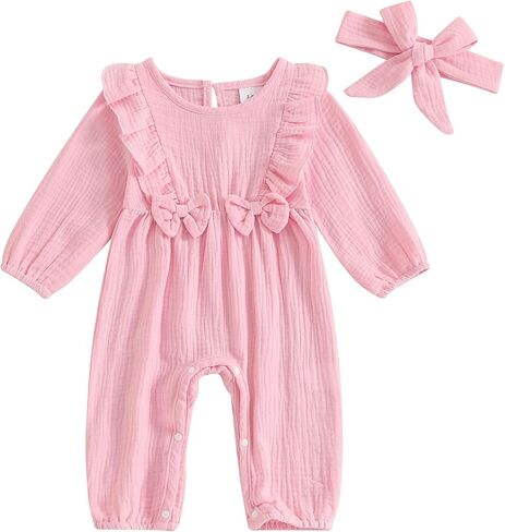 Baby Girls Cotton Linen Rompers Bowknot Ruffles Long Sleeve Bodysuits Jumpsuit with Headband in Saudi Arabia
