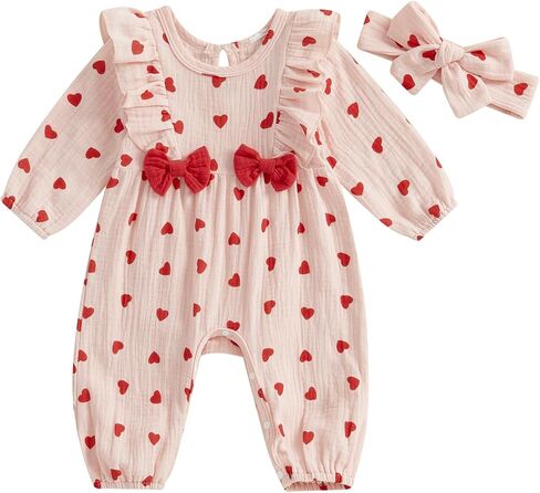 Baby Girls Cotton Linen Rompers Bowknot Ruffles Long Sleeve Bodysuits Jumpsuit with Headband in Kuwait