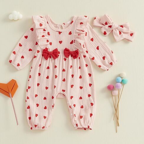Baby Girls Cotton Linen Rompers Bowknot Ruffles Long Sleeve Bodysuits Jumpsuit with Headband in Kuwait