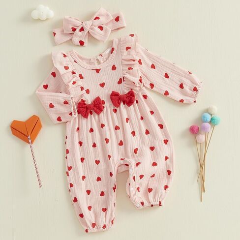 Baby Girls Cotton Linen Rompers Bowknot Ruffles Long Sleeve Bodysuits Jumpsuit with Headband in Kuwait