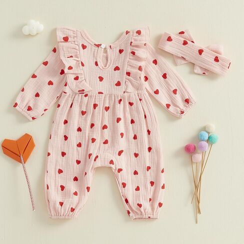 Baby Girls Cotton Linen Rompers Bowknot Ruffles Long Sleeve Bodysuits Jumpsuit with Headband in Kuwait