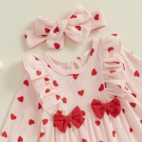 Baby Girls Cotton Linen Rompers Bowknot Ruffles Long Sleeve Bodysuits Jumpsuit with Headband in Kuwait