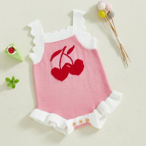 Baby Girl Knit Romper Summer Sleeveless Cherry Crochet Bodysuit One Piece Jumpsuit Overalls Outfit in Kuwait