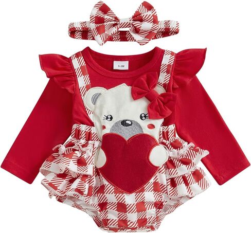 MoZiKQin Baby Girl Valentines Day Outfit Newborn Romper Dress Love Heart Print Long Sleeve Ruffle Skirt Jumpsuit+Headband in Kuwait