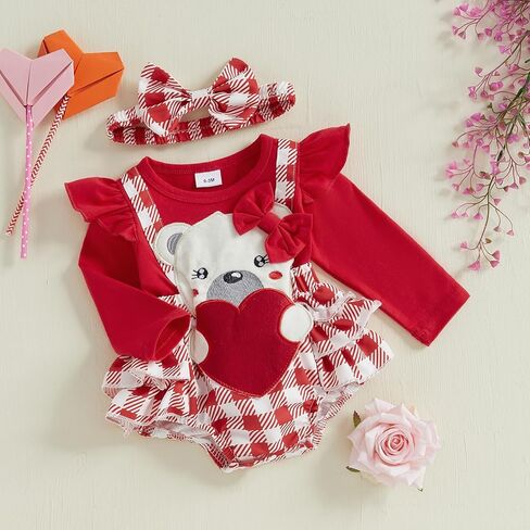 MoZiKQin Baby Girl Valentines Day Outfit Newborn Romper Dress Love Heart Print Long Sleeve Ruffle Skirt Jumpsuit+Headband in Kuwait