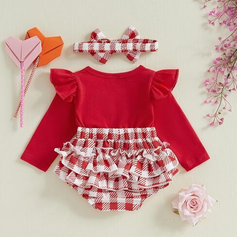 MoZiKQin Baby Girl Valentines Day Outfit Newborn Romper Dress Love Heart Print Long Sleeve Ruffle Skirt Jumpsuit+Headband in Kuwait