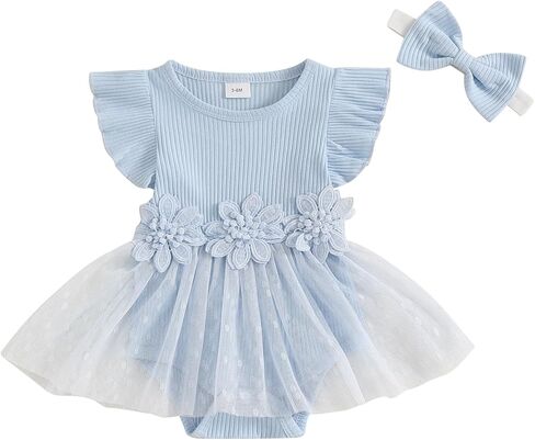 Douhoow Baby Girl Romper Dress Baby Dress Romper Flowers Lace Infant Girl Spring Summer Clothes with Headband in Kuwait