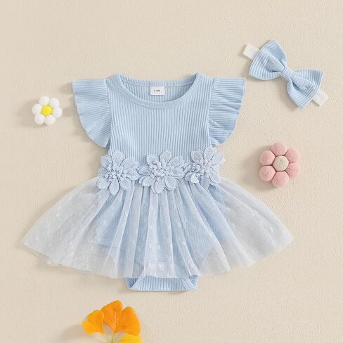 Douhoow Baby Girl Romper Dress Baby Dress Romper Flowers Lace Infant Girl Spring Summer Clothes with Headband in Kuwait