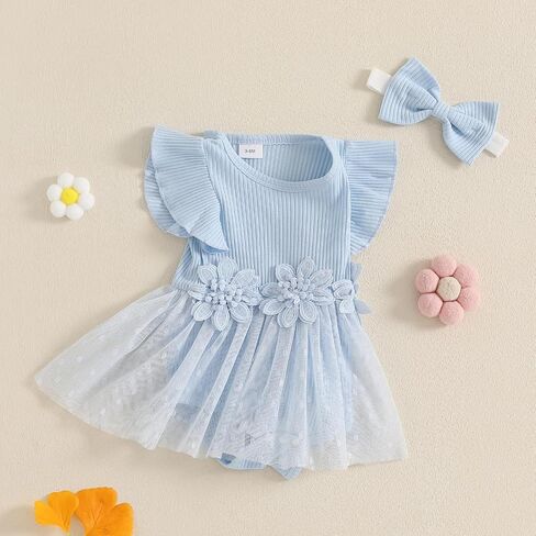 Douhoow Baby Girl Romper Dress Baby Dress Romper Flowers Lace Infant Girl Spring Summer Clothes with Headband in Kuwait