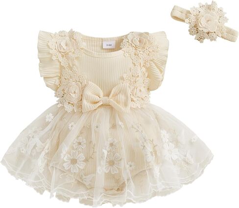 Douhoow Baby Girl Romper Dress Baby Dress Romper Flowers Lace Infant Girl Spring Summer Clothes with Headband in Kuwait