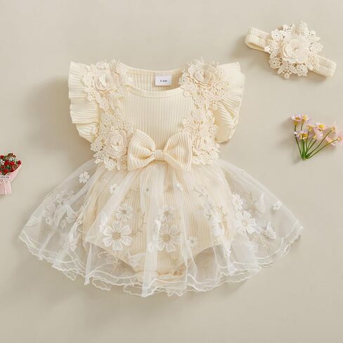 Douhoow Baby Girl Romper Dress Baby Dress Romper Flowers Lace Infant Girl Spring Summer Clothes with Headband in Kuwait
