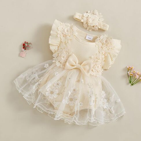 Douhoow Baby Girl Romper Dress Baby Dress Romper Flowers Lace Infant Girl Spring Summer Clothes with Headband in Kuwait