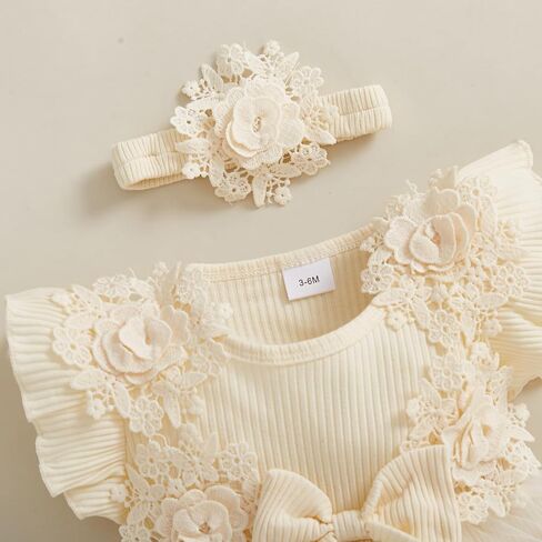 Douhoow Baby Girl Romper Dress Baby Dress Romper Flowers Lace Infant Girl Spring Summer Clothes with Headband in Kuwait