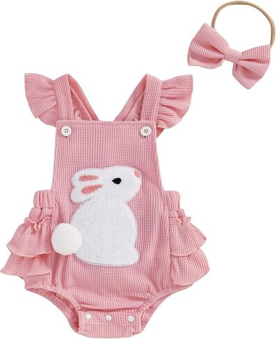 Lamuusaa Newborn Baby Girl Easter Outfit Carrot Embroidery Romper Waffle Ruffle Bodysuit Headband Summer Outfit 0-18M in Saudi Arabia