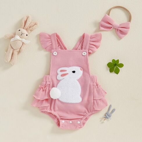 Lamuusaa Newborn Baby Girl Easter Outfit Carrot Embroidery Romper Waffle Ruffle Bodysuit Headband Summer Outfit 0-18M in Saudi Arabia