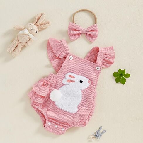 Lamuusaa Newborn Baby Girl Easter Outfit Carrot Embroidery Romper Waffle Ruffle Bodysuit Headband Summer Outfit 0-18M in Saudi Arabia