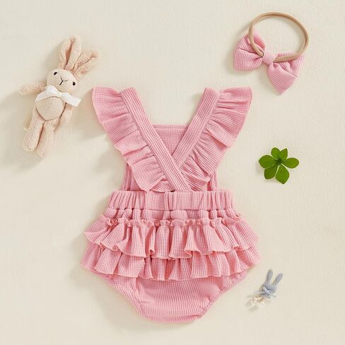 Lamuusaa Newborn Baby Girl Easter Outfit Carrot Embroidery Romper Waffle Ruffle Bodysuit Headband Summer Outfit 0-18M in Saudi Arabia