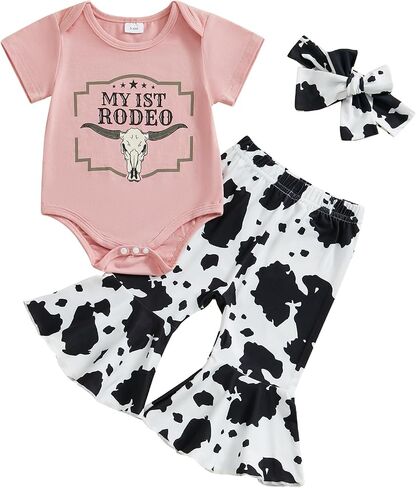 SAYOO Western Baby Girl Clothes Boots or Bows Letter Bodysuit Romper Cow Print Flared Pants Headband Cowgirl Country Outfit in Kuwait