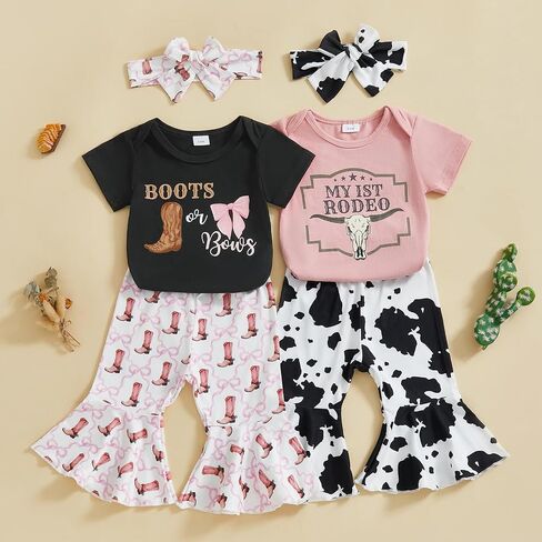 SAYOO Western Baby Girl Clothes Boots or Bows Letter Bodysuit Romper Cow Print Flared Pants Headband Cowgirl Country Outfit in Kuwait