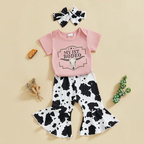 SAYOO Western Baby Girl Clothes Boots or Bows Letter Bodysuit Romper Cow Print Flared Pants Headband Cowgirl Country Outfit in Kuwait