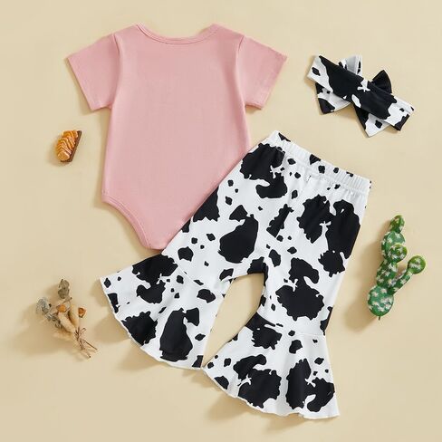 SAYOO Western Baby Girl Clothes Boots or Bows Letter Bodysuit Romper Cow Print Flared Pants Headband Cowgirl Country Outfit in Kuwait