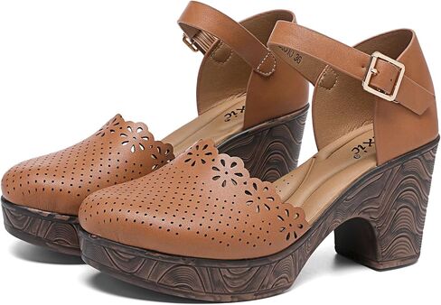 Altxic Women's Closed Round Toe Hollow Out Vamp Ankle Strap Buckle Low Block Chunky Heels Sandals in Saudi Arabia