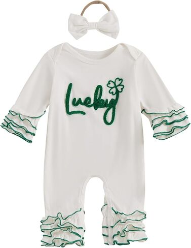 My First St Patricks Day Baby Girl Outfit Lucky Clover Embroidery Long Sleeve Romper Jumpsuit Irish Day Clothes in Kuwait
