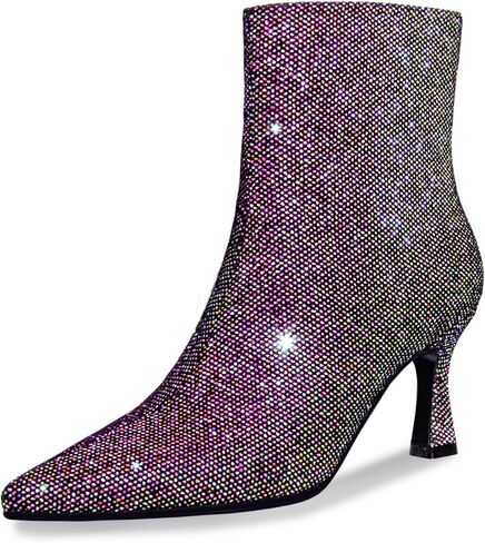 Sparkle Ankle Boots for Women Pointed Toe Kitten Heel Glitter Booties Side Zipper Mesh Rhinestone Dressy Heels Shoes in Saudi Arabia
