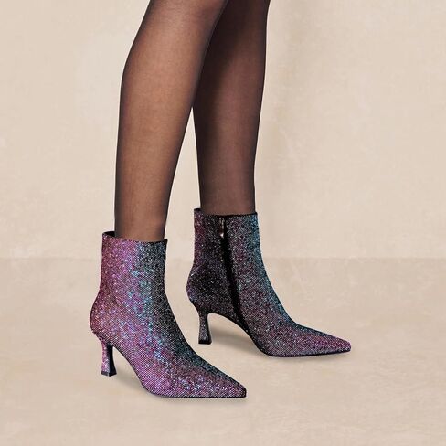 Sparkle Ankle Boots for Women Pointed Toe Kitten Heel Glitter Booties Side Zipper Mesh Rhinestone Dressy Heels Shoes in Saudi Arabia