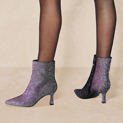 Sparkle Ankle Boots for Women Pointed Toe Kitten Heel Glitter Booties Side Zipper Mesh Rhinestone Dressy Heels Shoes in Saudi Arabia