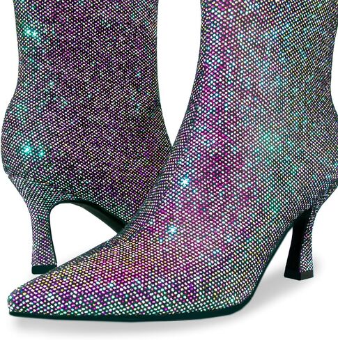 Sparkle Ankle Boots for Women Pointed Toe Kitten Heel Glitter Booties Side Zipper Mesh Rhinestone Dressy Heels Shoes in Saudi Arabia