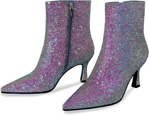 Sparkle Ankle Boots for Women Pointed Toe Kitten Heel Glitter Booties Side Zipper Mesh Rhinestone Dressy Heels Shoes in Saudi Arabia